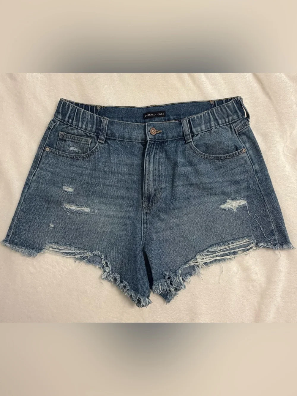 Sincerely Jules Distressed High-Rise Denim Shorts - Dark Blue